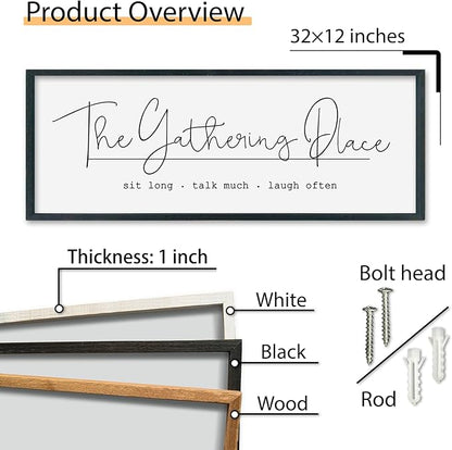 SRSZHIYUE The Gathering Place Sign Wall Decor Art 32"×12" for Large Kitchen Dining Room Wood Framed Wall Hanging (Black)