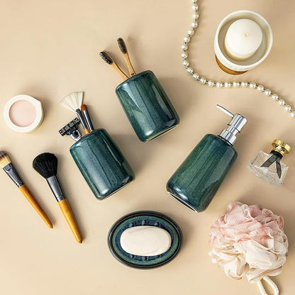vancasso Green Bathroom Accessories Set, Ceramic Soap Dispenser and Toothbrush Holder Sets, Stoneware 4 Pcs Bathroom Sink Set for Modern Home Decor, Series Starry