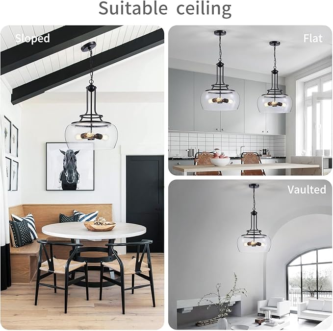 WUZUPS Chandelier Rustic Farmhouse Industrial Round Ceiling Pendant LED Light Fixture Clear Seeded Glass Shade for Dining Room Kitchen Island Foyer Entryway, H 20.9" x W 15.9", Black