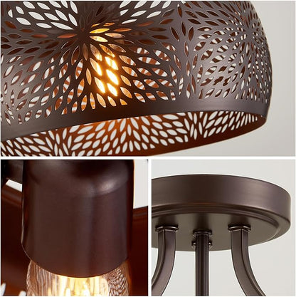 WUZUPS Chandelier Rustic Farmhouse Industrial Round Semi-flushmount Ceiling LED Light Fixture with Later-Cut Openwork Drum Shade, H 11.8" x W 13.4", Oil Rubbed Bronze