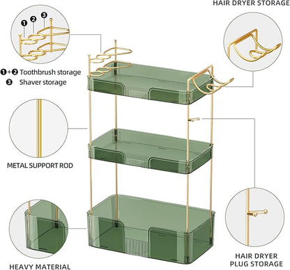 Bathroom Counter Organizer with Hair Dryer Holder, Hair Tool Countertop Storage, Cosmetics Skincare Shelf Organizer, Makeup Organizer Perfume for Dresser Vanity Tray(3 Tier-Green)
