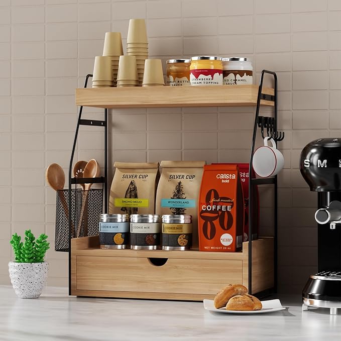 2 Tier Bathroom Counter Organizer with Drawer & Basket, Wooden Vanity Tray Countertop Shelf Accessories for Makeup Storage, Coffee Bar Station, Perfume Skincare, Kitchen, Bedroom (Brown)