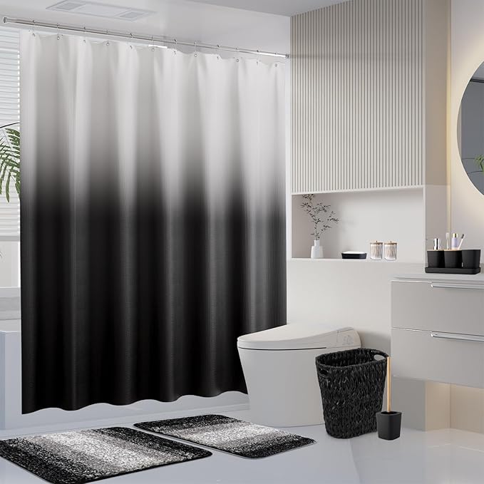 Black Bathroom Accessories Set with Wicker Trash Can Shower Curtain and Rugs,Bathroom Sets Small Waste Basket Bathroom Trash Can for Bedroom Bathroom