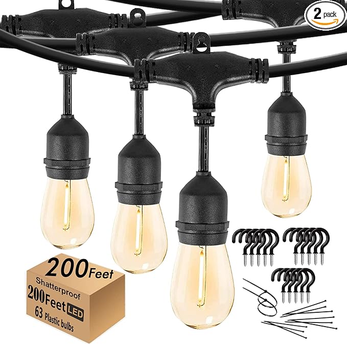 200FT String Lights for Outside LED Patio Lights Outdoor Waterproof with 63 Shatteproof Edison Lights Outdoor String Lights 2200K for Patio Gazebo Pergola Café