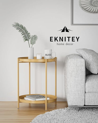 EKNITEY 2 Tier Side Table - Metal end Table Waterproof Small Sofa Coffee Side Tables Bedroom Indoor Outdoor with Removable Tray for Living Room Bedroom Balcony and Office