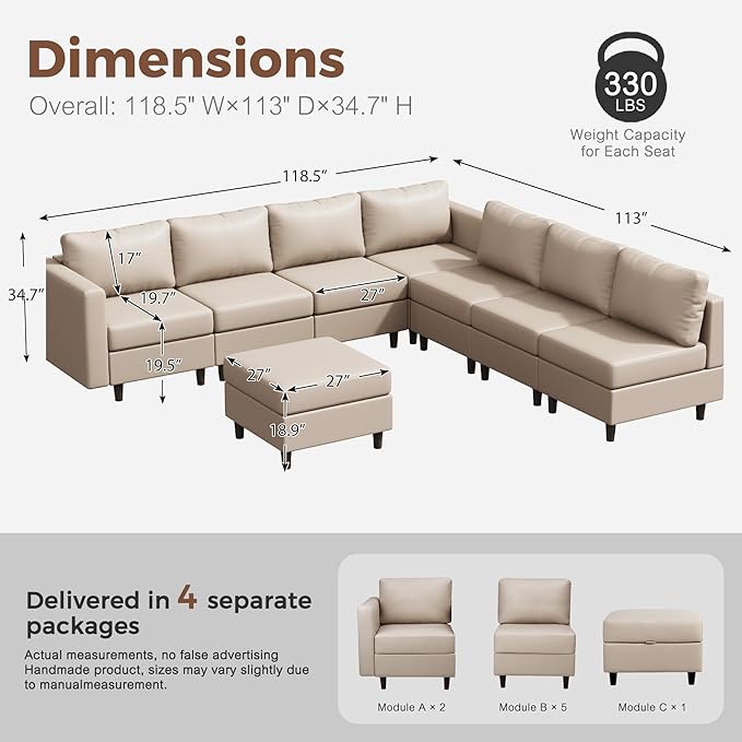 118.5" Faux Leather Modular Sectional Convertible Sofa, L Shaped Couch Set for Living Room, Large 8-Seater Comfy Cloud Couches with Movable Storage Ottoman DIY Combination - Whitesand