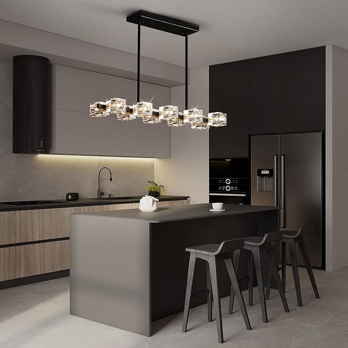 Dining Room Light Fixture,Modern Crystal Chandeleirs Semi Flush Mount Ceiling Light Fixture,Black Metal Crystal Pendant Light for Kitchen Island Farmhouse Dining Room,Living Room (10-Lights)