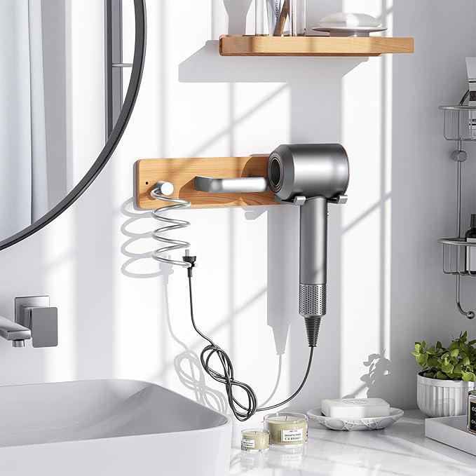 Tindbea Hair Dryer Holder Curling Iron Holder Flat Iron, Blow Dryer Holder Wall Mount, 3 in 1 Bathroom Hair Tool Organizer Rack for Universal Dryer, Cherry Wood Silver Color
