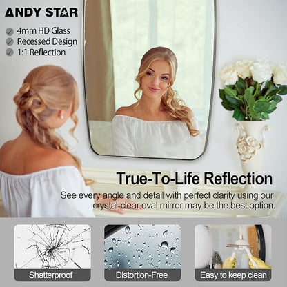 ANDY STAR Brushed Nickel Mirror, 28x36 Inch Stainless Steel Metal Frame Oblong Bathroom Mirror for Vanity, 1’’ Deep Wall Mounted Vertically/Horizontal