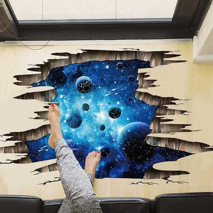 3D Space Floor Sticker,Blue Galaxy Wall Decal-Removable Mural for Kids Bedroom Living Room Milky Way Decorations