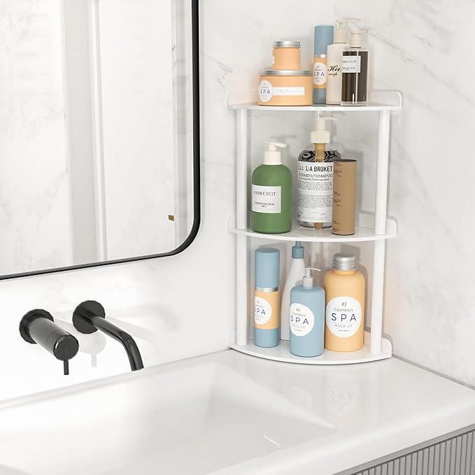 3 Tier Countertop Corner Organizer Shelf 7x7x15.7 Inch, White Countertop Acrylic Bathroom Corner Shelf, Vanity Storage Organizer for Cosmetics, Toiletries