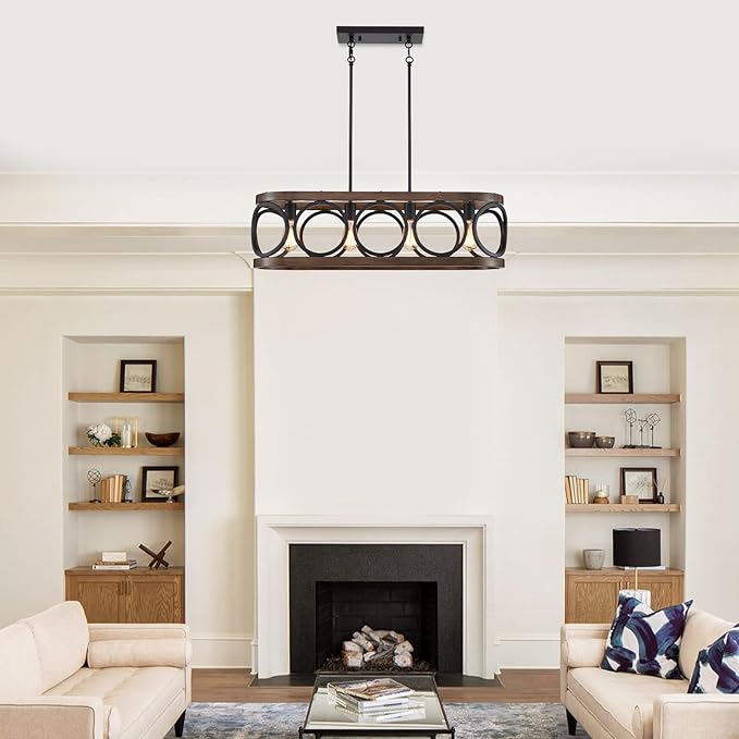 XINGQI Rectangular Linear Kitchen Island Chandeliers Over Table 32.7" Black Pendant Lighting Fixtures Farmhouse 4-Light for Dining Room Bar Office Coffee Shop, Black Wood Grain