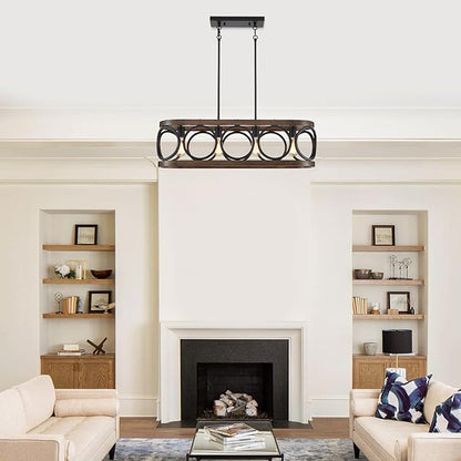 XINGQI Rectangular Linear Kitchen Island Chandeliers Over Table 32.7" Black Pendant Lighting Fixtures Farmhouse 4-Light for Dining Room Bar Office Coffee Shop, Black Wood Grain