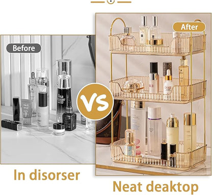 Bathroom Counter Organizer - Countertop Storage, Cosmetics & Skincare Shelf, Makeup Organizer, Perfume Tray, Spice Rack - 3 Tier Gold