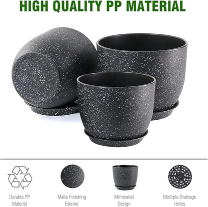 Plant Pots 10/9/8 inch, Set of 3 Modern Decorative Plastic Planters with Drainage Holes and Saucers for Garden House Plants, Flower Pots for Indoor Outdoor Plants, Speckled Black