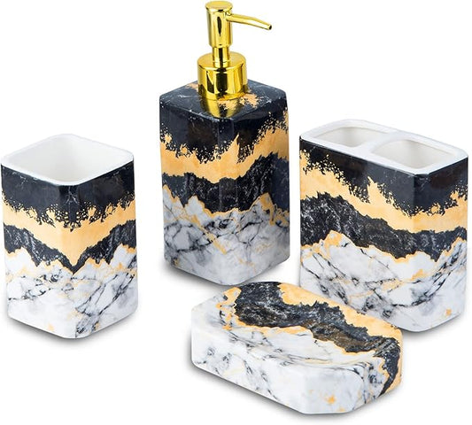 4 Piece Bathroom Accessories Set - Black and White Includes Lotion Dispenser, Toothbrush Holder Tumbler, and Soap Dish - Glossy Finish (Marble, Black, and White)