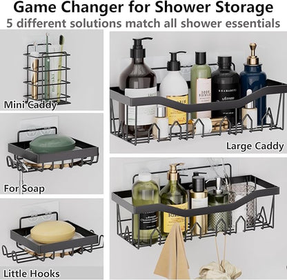 28PC Bathroom Set- Gorgeous Black Bathroom Set, Bathroom Accessory Set, Black Shower Curtain Set with 5PC Adhesive Corner Shower Caddy Hanging