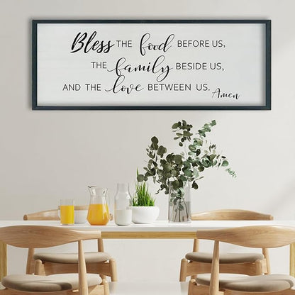 SRSZHIYUE Bless the Food Before Us Wall Sign Decor 40"×15" Christian Bible Verse for Farmhouse Rustic Kitchen Dining Room Framed Wood Scripture Religious Jesus Prayer Wall Art (Black)