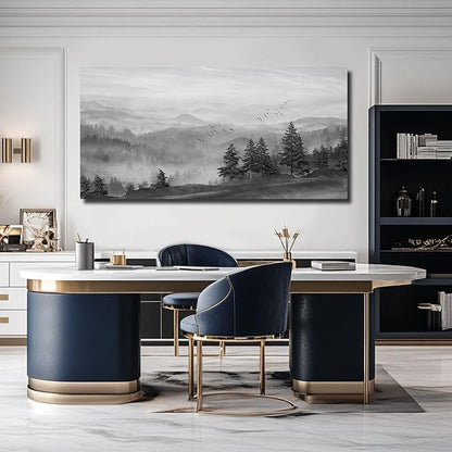 SOUGUAN Grey Pictures Wall Decor Forest Artwork Mountain Canvas Painting Landscape Wall Art Prints for Living Room Bedroom Home Hanging Decor 24x48 Inch