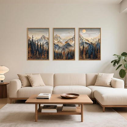 Celestdeco Wood Mountain Framed Canvas Wall Art Set, Pine Trees Wall Painting, Ridge Scenery Wall Decor, Natural Sun Landscape Art Print for Living Room, Bedroom, Dining Room, Office - 24"x36"x3