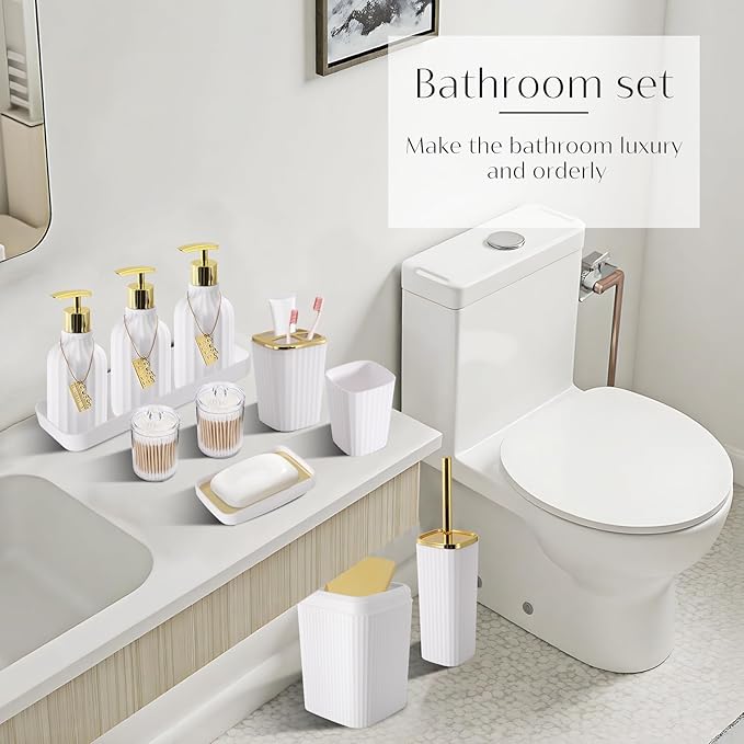 17PCS Bathroom Accessory Set Bathroom Set Gold Bathroom Accessories,Toilet Brush, Trash Can, Qtip Holder Dispenser& 3PCS Soap Dispenser