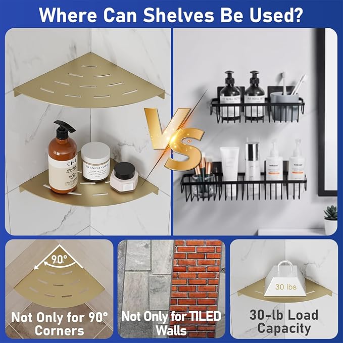 2 Pack Corner Shower Shelves Load Capacity 40 lbs 304 Stainless Steel Shower Corner Shelf Will not Rust 8in Shower Shelf for Inside Shower Brushed Gold Drilling Installation