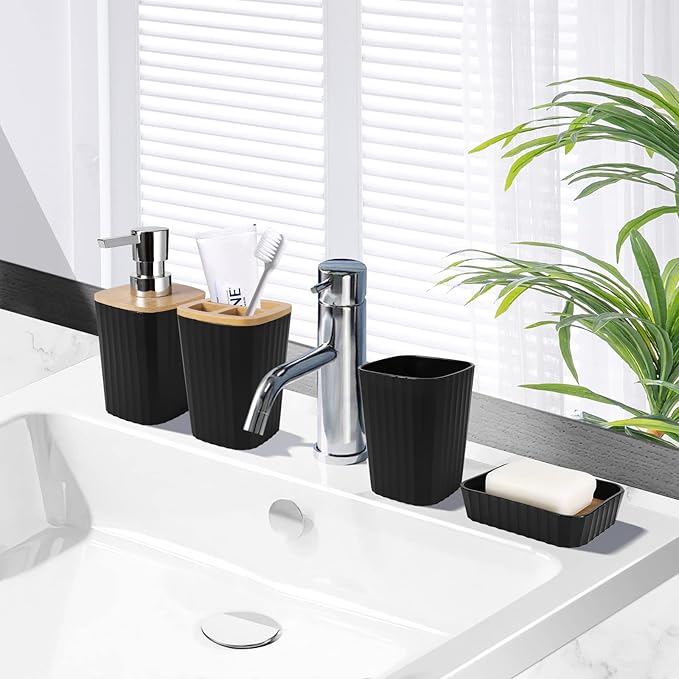 Black Bathroom Accessories Set, 9PCS Bathroom Accessory Set with Trash Can,Tray,Soap Dispenser,Toothbrush Holder,Toothbrush Cup,Soap Dish,Toilet Brush and Q-tip Holders for Housewarming