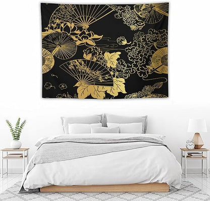 HZOHNAGO Japanese Tapestry Gold Flowers Umbrella Fan Pattern Printed Wall Tapestry Painting Wall Hanging for Bedroom Living Room Dorm 40" W x 30" H