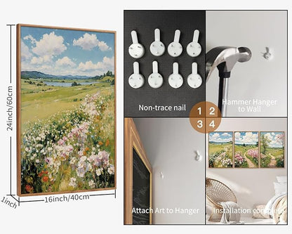 Tinonedraw Rustic Landscape Framed Canvas Wall Art Triptych, Blue and White Wall Decor, Vintage Botanical Floral Artwork, Modern Country Nature Farmhouse Art Prints for Living Room Bedroom 16"x24"x3