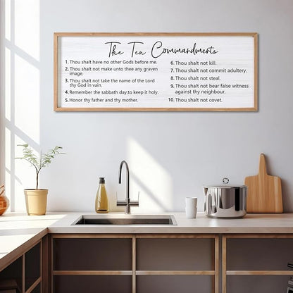 The Ten Commandments Rustic Bible Verse Framed Wall Art, 40''×15'' Positive Religious Christian Saying Sign for God Jesus Christ Prayer, Vintage Horizontal Holy Inspirational Catholic Scripture Decor