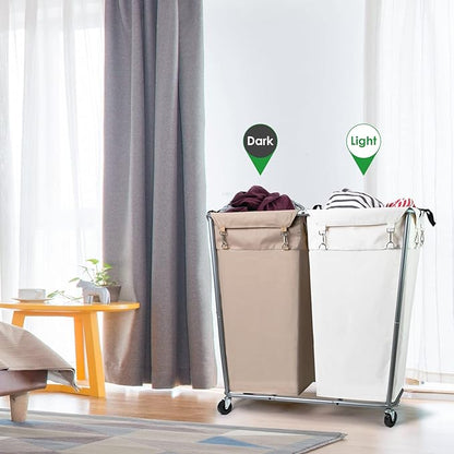 280L Laundry Cart with Wheels, Commercial Large Rolling Laundry Sorter, Heavy Duty Divided 2 Section Laundry Hamper with Steel Frame and Removable Bag for Laundry Room, Bedroom,Hotel Mix Color