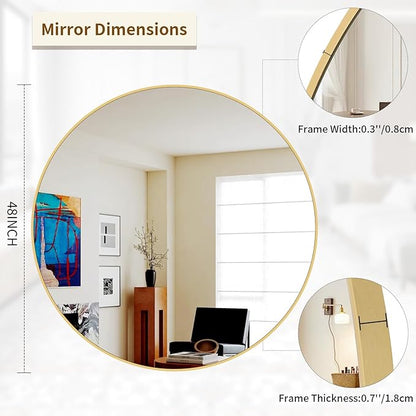 BEAUTYPEAK 48 Inch Round Mirror, Metal Frame Circle Mirror, Wall Mounted for Entryway, Bathroom, Vanity, Living Room, Gold