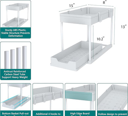 Cabinet, 2 Pack Under Sink Organizer, 2 Tier Sliding Bathroom Kitchen Organizer, Large White ABS Baskets, Easy Install & Clean