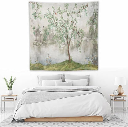 HZOHNAGO Japanese Tapestry Tree Misty Garden Lake Printed Wall Tapestry Ink Painting Wall Hanging for Bedroom Living Room Dorm 60" W x 60" H
