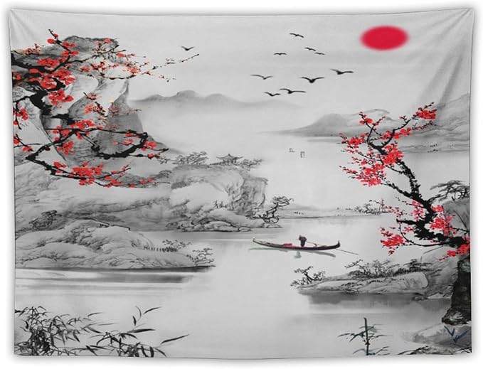 Cherry Blossoms Tapestry,Japanese Red Landscape Watercolor Abstract Art Tapestry,Asian Japanese Wall Tapestry, Nature Landscape Tapestries for Bedroom Living Room Decor 80"x60"
