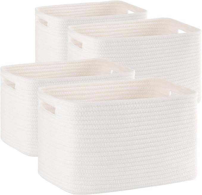 4 Pack Storage Baskets for Organizing, Woven Baskets for Shelves - Perfect for Toys, Books, Towels, and Clothes, Durable Gift Basket Bins Toy Storage, 12.7''L x9''W x7.8''H, White