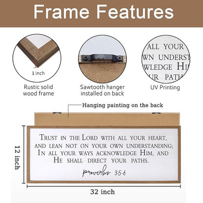 Trust in the Lord With All Thine Heart Wall Decor Art Bible Verse Sign Proverbs 3:5-6 Framed Wood 32X12 Inch For Scripture Christian Hanging (Wood)