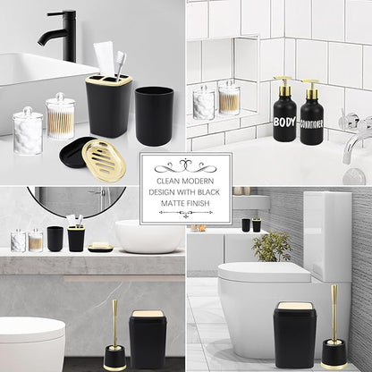 Black and Gold Bathroom Accessories Set - 10 Piece Bathroom Sets with Trash Can, Soap Dispenser, Soap Dish, Toothbrush Holder and Cup, Toilet Brush, Qtip Holder, Bathroom Accessory Set Complete