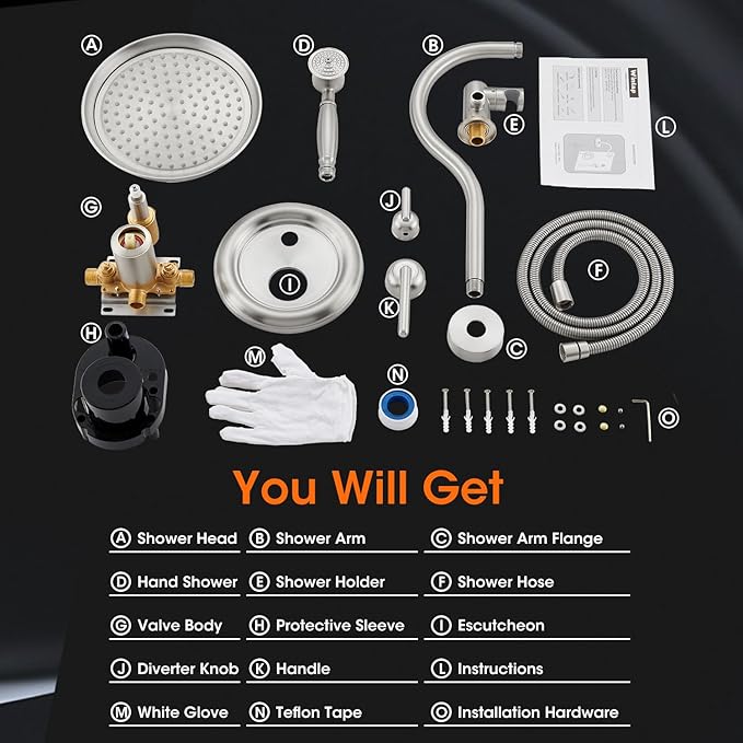 Rainfall Shower System Shower Faucet Set with Rain Shower Head and Handheld Spray Wall Mounted Bathroom Luxury Mixer Combo Set Rough-in Valve Body and Trim Included 9 inch Brushed Nickel