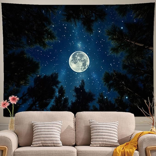 keowhsf Forest Galaxy Tapestry for Bedroom Ceiling - Starry Night Sky with Moon and Trees, Blue Aesthetic Wall Hanging, Milky Way Landscape Backdrop for Living Room and Dorm Decor