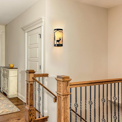 Wall Sconces Set of Two,Deer Metal Yellow Parchment Rustic Wall Sconces,Farmhouse Matte Black Wall Mount Lamp,Vintage Bedroom Wall Lights,Indoor Wall Lamps for Living Room,Hallway,Porch