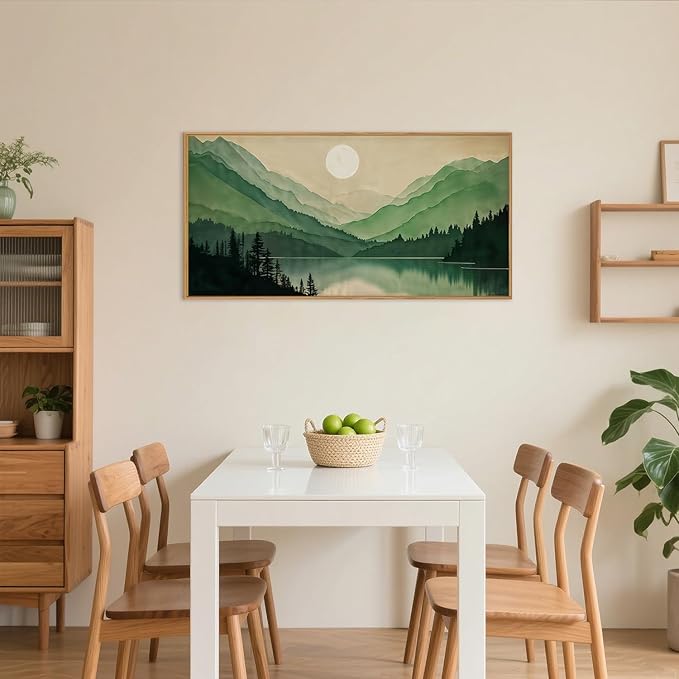 Celestdeco Watercolor Mountain Framed Canvas Wall Art Set, Boho Sun Forest Wall Decor, Green Scenery Wall Painting, Modern Woodland Artworks for Living Room, Bedroom, Dining Room, Office - 20" x40x1