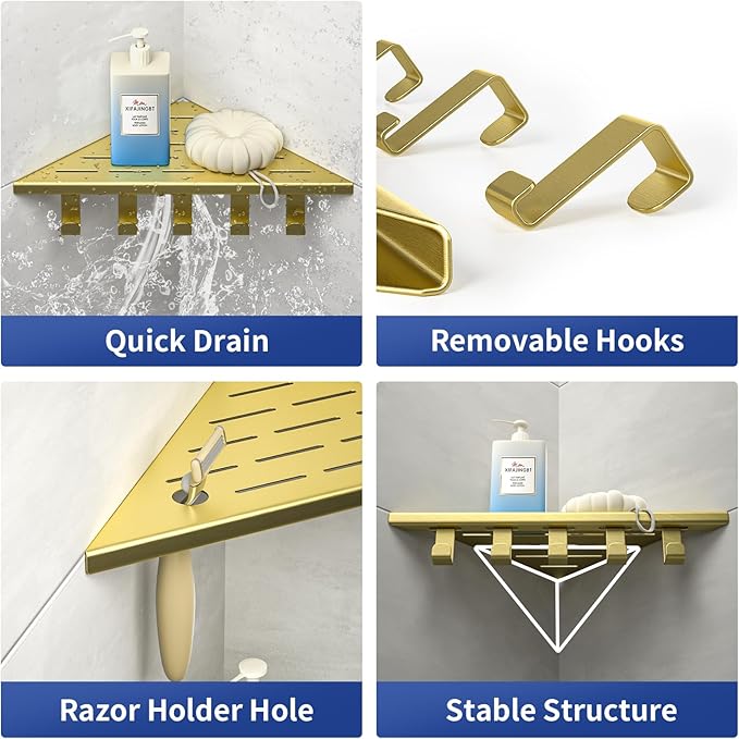 10‘’ Corner Shower Shelf, 304 Stainless Steel Shelves for Bathroom, Grout in Shelf with Hooks for Tiled Wall (Gold)