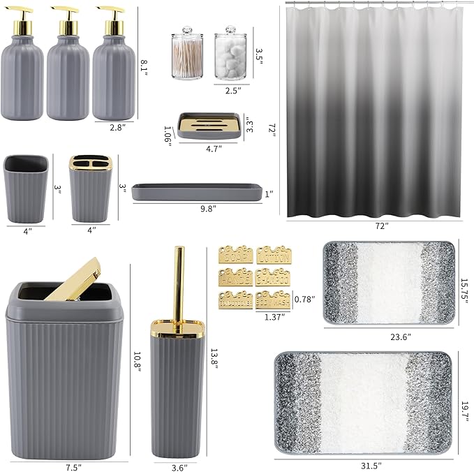32PCS Bathroom Set Bathroom Sets with Shower Curtain and Rugs Grey Bathroom Accessories,Shower Curtain Set,Bathroom Rug Set with Bathroom Trash Can