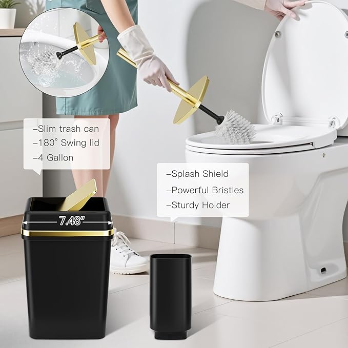 9PCS Bathroom Accessory Set, Black Bathroom Set with Large-Capacity 4 Gallon Trash Can, Bathroom Accessories Set Complete, Toothbrush Holder, Soap Dispenser, Toilet Brush, Bathroom Decor