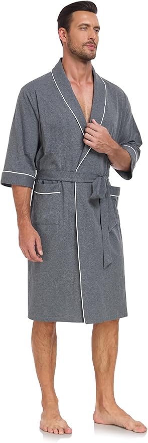 COLORFULLEAF Men's Bathrobes 100% Cotton Soft Comfort Breathable Short Sleeve Summer Kimono Mens Lightweight Robe