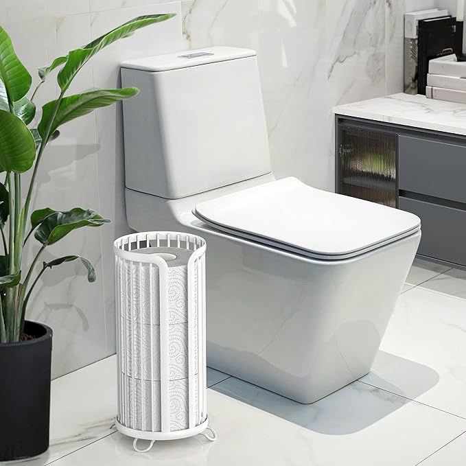 Toilet Paper Holder Stand, Freestanding Toilet Tissue Organizer, Minimalistic Storage Solution, Reserve Mega Rolls,Modern -2PACK White