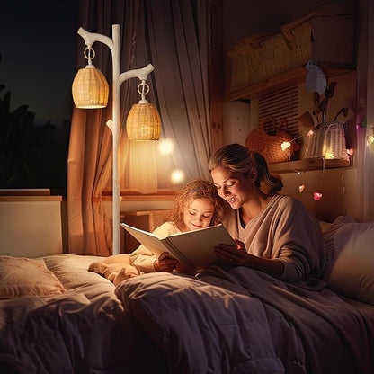 68" High Farmhouse Rustic Country Cottage Floor Lamp Tree Trunk Faux Wood Column White Washed Wicker Drum Shade Decor for Living Room Bedroom Reading Room