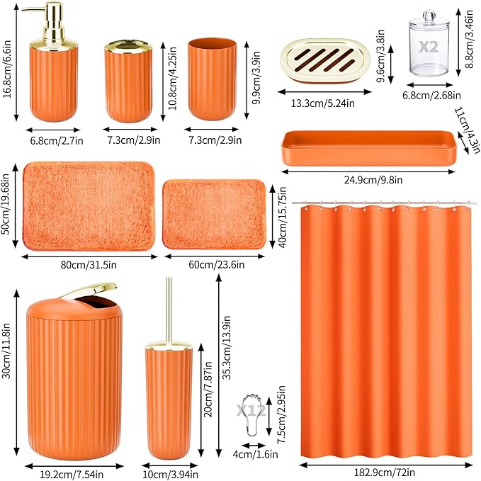 24 PCS Orange Bathroom Accessories Set with Shower Curtain and Rugs, Bathroom Sets with Extra Soft and Absorbent Bath Rugs Shower Curtain Orange Bathroom Accessory for Bath