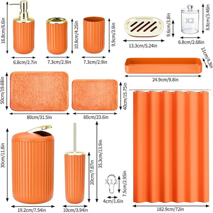 24 PCS Orange Bathroom Accessories Set with Shower Curtain and Rugs, Bathroom Sets with Extra Soft and Absorbent Bath Rugs Shower Curtain Orange Bathroom Accessory for Bath